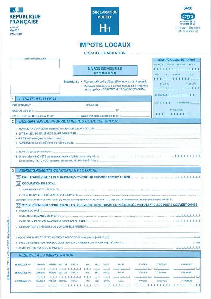 Déclaration modèle H1 - Impôts locaux - Locaux d'habitation