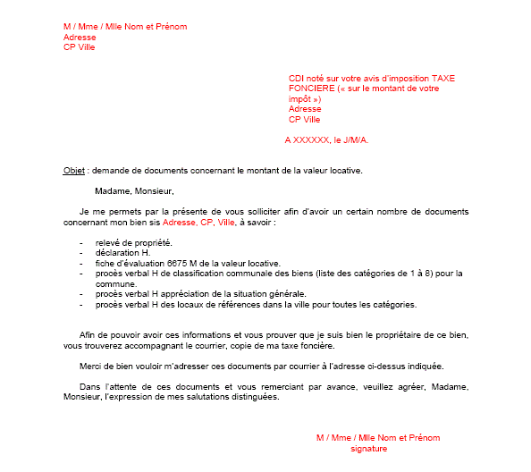 Demande de documents concernant la valeur locative cadastrale d'un bien - diagnostic de votre maison par un professionnel de la taxe foncière